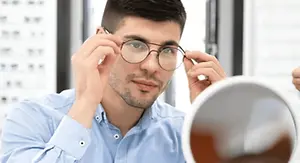 Man adjusting round eyeglasses while looking in a mirror at an optical shop